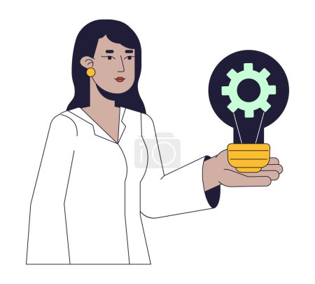 Illustration for Female engineer flat line concept vector spot illustration. Indian woman create mechanism inside light bulb 2D cartoon outline character on white for web UI design. Editable isolated color hero image - Royalty Free Image
