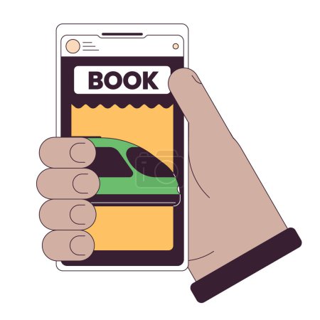 Illustration for Holding smartphone for buying tickets flat line concept vector spot illustration. Online booking tickets on train 2D cartoon outline hand on white for web UI design. editable isolated color hero image - Royalty Free Image