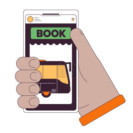 Illustration for Buying tickets on train online flat line concept vector spot illustration. Holding smartphone 2D cartoon outline hand on white for web UI design. editable isolated color hero image - Royalty Free Image