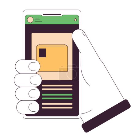 Illustration for Tracking package flat line concept vector spot illustration. Holding smartphone with online delivery platform app 2D cartoon outline hand on white for web UI design. editable isolated color hero image - Royalty Free Image