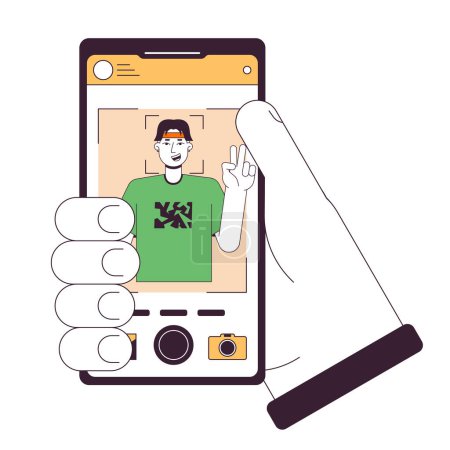 Ilustración de Sosteniendo smartphone con foto plana línea concepto vector spot ilustración. Tomando fotos. Selfie 2D bosquejo de dibujos animados mano en blanco para el diseño de interfaz de usuario web. imagen de héroe de color aislado editable - Imagen libre de derechos