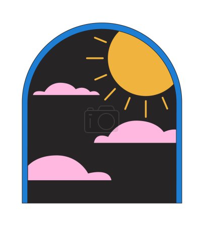 Illustration for Esoteric window frame with clouds sun flat line color isolated conceptual clipart. Nighttime sun. Editable vector object on white background. Simple outline cartoon spot illustration for web design - Royalty Free Image
