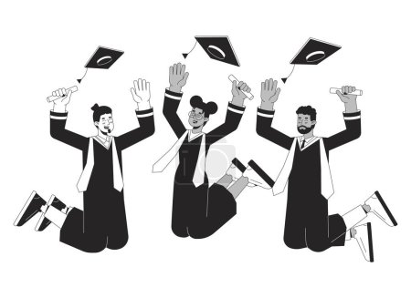 Illustration for University graduation bw vector spot illustration. Graduates throw college caps 2D cartoon flat line monochromatic characters for web UI design. Masters students editable isolated outline hero image - Royalty Free Image