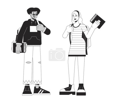 Illustration for Diverse college students bw vector spot illustration. University students talk 2D cartoon flat line monochromatic characters for web UI design. College campus life editable isolated outline hero image - Royalty Free Image