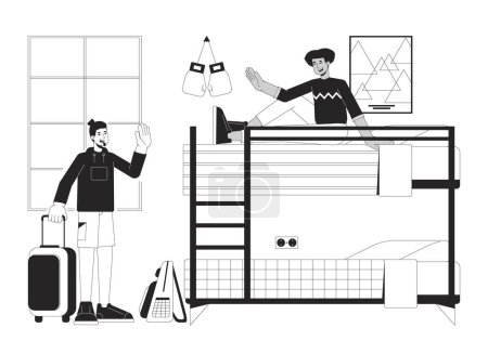 Illustration for Moving into dorm bw vector spot illustration. University roommates freshmen 2D cartoon flat line monochromatic characters for web UI design. Going to college editable isolated outline hero image - Royalty Free Image