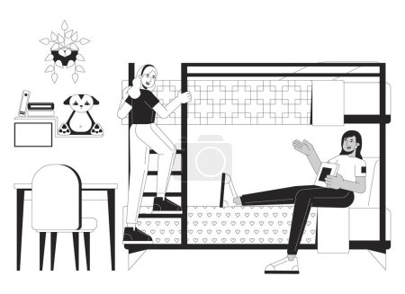 Illustration for Girls dormitory bw vector spot illustration. Dorm room girls diverse 2D cartoon flat line monochromatic characters for web UI design. Female roommates talking editable isolated outline hero image - Royalty Free Image