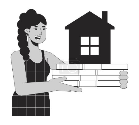 Illustration for Mortgage for real estate bw concept vector spot illustration. Woman holding cash for buying house 2D cartoon flat line monochromatic on white for web UI design. Editable isolated color hero image - Royalty Free Image