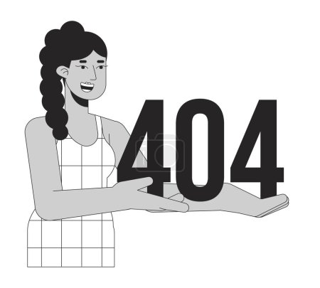 Ilustración de Mujer latina feliz sosteniendo error blanco negro 404 mensaje flash. Monocromo vacío estado ui diseño. Página no encontrada imagen de dibujos animados emergente. Vector esquema plano concepto de ilustración - Imagen libre de derechos