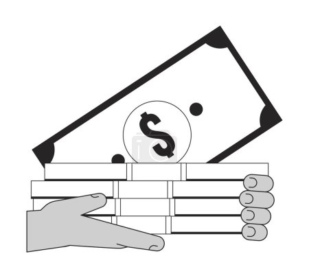 Illustration for Hand holding cash flat monochrome isolated vector object. Savings. Personal finances. Editable black and white line art drawing. Simple outline spot illustration for web graphic design - Royalty Free Image