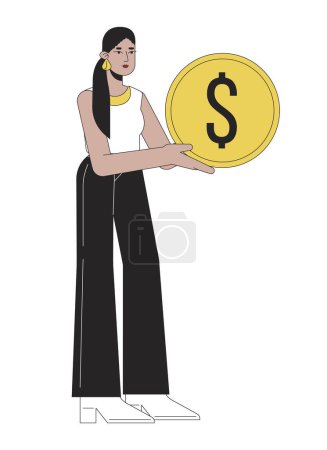Illustration for Attractive latina woman holding golden coin flat line color vector character. Editable outline full body person saving money on white. Simple cartoon spot illustration for web graphic design - Royalty Free Image