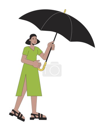 Illustration for Cute woman holding opened umbrella flat line color vector character. Editable outline full body person covers from bad weather on white. Simple cartoon spot illustration for web graphic design - Royalty Free Image
