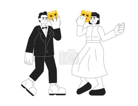 Illustration for Theater actors with tragedy and comedy masks fmonochromatic flat vector characters. Editable thin line full body acting people on white. Simple bw cartoon spot image for web graphic design - Royalty Free Image