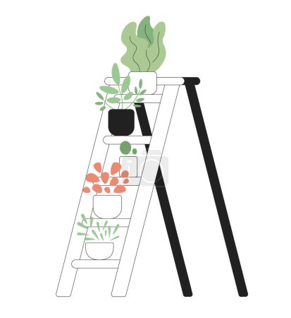 Illustration for Houseplants on ladder steps monochrome flat vector object. Interior decorative furniture. Editable black and white thin line icon. Simple cartoon clip art spot illustration for web graphic design - Royalty Free Image