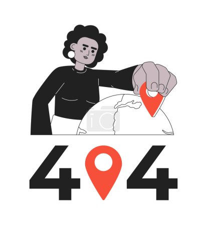 Illustration for Woman selecting place on globe black white error 404 flash message. Gps navigator on map. Monochrome empty state ui design. Page not found popup cartoon image. Vector flat outline illustration concept - Royalty Free Image