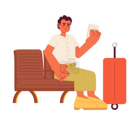 Illustration for Optimistic traveler looking on smartphone semi flat color vector character. Editable full body person sitting on wooden bench on white. Simple cartoon spot illustration for web graphic design - Royalty Free Image