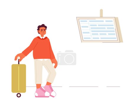 Illustration for Hispanic traveler with suitcase semi flat color vector character. Editable full body person looking on display with timetable on white. Simple cartoon spot illustration for web graphic design - Royalty Free Image