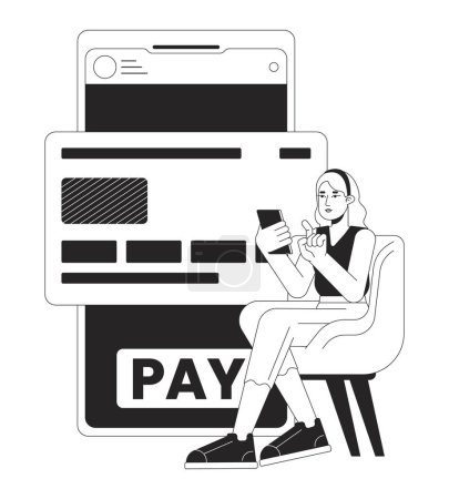 Illustration for Online banking bw concept vector spot illustration. Woman paying for purchases by credit card 2D cartoon flat line monochromatic character for web UI design.editable isolated outline hero image - Royalty Free Image