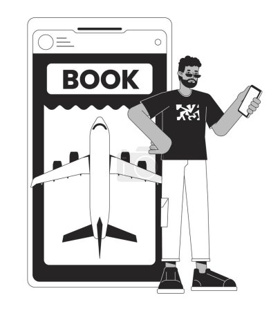 Illustration for Buying tickets on plane online by smartphone bw concept vector spot illustration. Man planning trip 2D cartoon flat line monochromatic character for web UI design.editable isolated outline hero image - Royalty Free Image