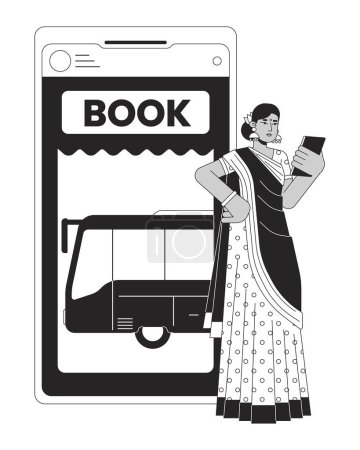 Illustration for Buying ticket on bus online bw concept vector spot illustration. Woman in sari using smartphone 2D cartoon flat line monochromatic character for web UI design.editable isolated outline hero image - Royalty Free Image