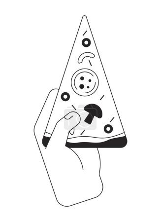 Ilustración de Mano sosteniendo pizza rebanada concepto bw vector spot ilustración. Comida rápida 2D dibujos animados línea plana mano monocromática para la interfaz de usuario web design.editable aislado esquema héroe imagen - Imagen libre de derechos