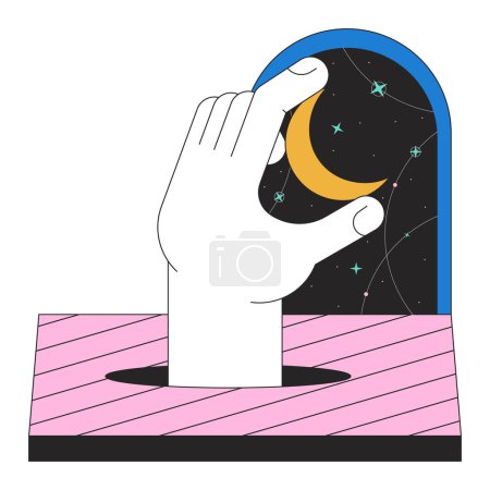 Illustration for Hand taking moon off esoteric night sky flat line color isolated conceptual clipart. Surrealism. Editable vector object on white background. Simple outline cartoon spot illustration for web design - Royalty Free Image