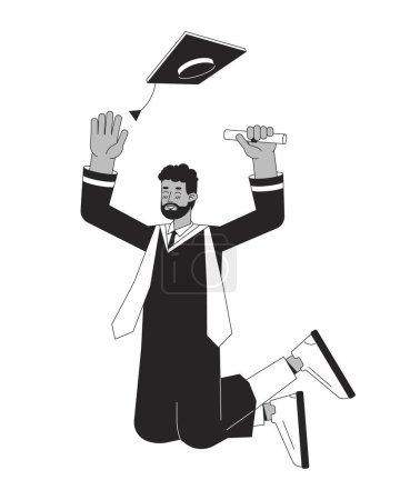 Ilustración de Saltando estudiante masculino en vestido de graduación línea plana negro vector blanco carácter. Esquema editable persona de cuerpo completo. Diploma de posgrado dibujo animado simple ilustración puntual aislada para el diseño web - Imagen libre de derechos