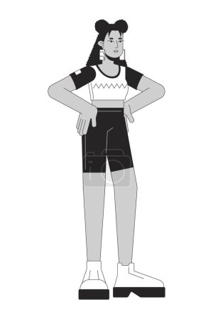 Illustration for Latina woman in workout clothes flat line black white vector character. Editable outline full body person. Leggings young adult female simple cartoon isolated spot illustration for web design - Royalty Free Image