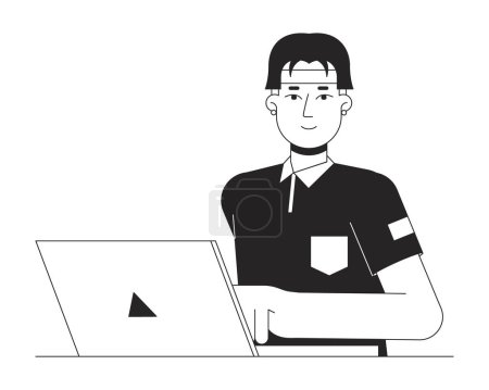 Illustration for Asian student typing on laptop flat line black white vector character. E learning. Editable outline half body person. Hipster guy on notebook simple cartoon isolated spot illustration for web design - Royalty Free Image