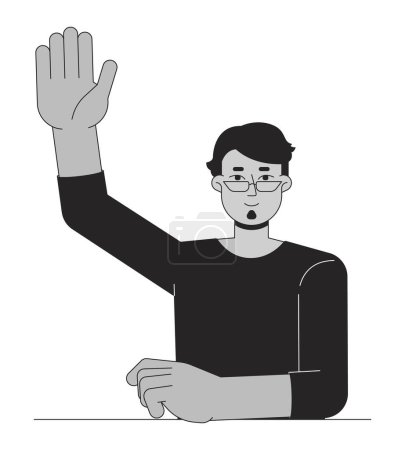 Illustration for College arab student with single hand raised flat line black white vector character. Editable outline half body person. Asking questions simple cartoon isolated spot illustration for web design - Royalty Free Image