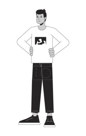Illustration for Focused young man flat line black white vector character. Editable outline full body person keeps hands on waist. Simple cartoon isolated spot illustration for web graphic design - Royalty Free Image