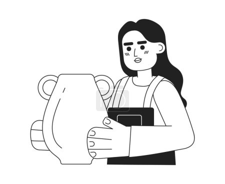 Illustration for Indian woman holding handmade amphora monochromatic flat vector character. Pottery hobby. Editable thin line half body girl in workshop on white. Simple bw cartoon spot image for web graphic design - Royalty Free Image