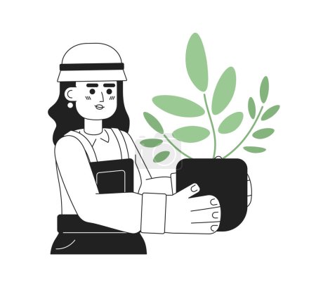 Illustration for Cute blonde woman holding houseplant monochromatic flat vector character. Editable thin line half body girl taking care of plant on white. Simple bw cartoon spot image for web graphic design - Royalty Free Image