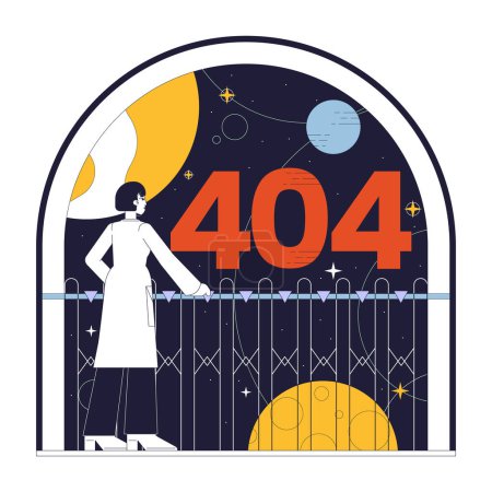 Illustration for Female astronomy error 404 flash message. Scientist observe sky with celestial bodies. Empty state ui design. Page not found popup cartoon image. Vector flat illustration concept on white background - Royalty Free Image