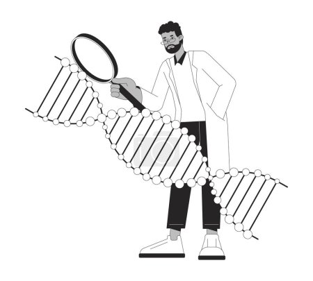 Illustration for Scientist studying dna bw concept vector spot illustration. Young man with magnifying glass 2D cartoon flat line monochromatic character for web UI design. Editable isolated outline hero image - Royalty Free Image