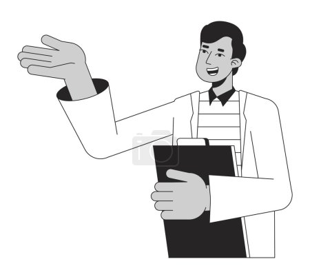 Illustration for Scientist with documents bw concept vector spot illustration. Indian man in lab coat 2D cartoon flat line monochromatic character for web UI design. Editable isolated outline hero image - Royalty Free Image
