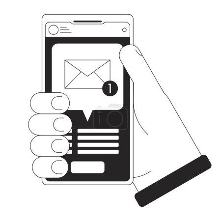 Illustration for Holding smartphone with new message bw concept vector spot illustration. Email notification 2D cartoon flat line monochromatic hand for web UI design.editable isolated outline hero image - Royalty Free Image