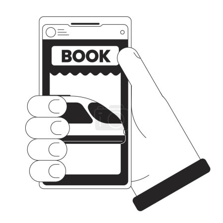 Illustration for Holding smartphone for buying tickets bw concept vector spot illustration. Online booking ticket on train 2D cartoon flat line monochromatic hand for web UI design.editable isolated outline hero image - Royalty Free Image