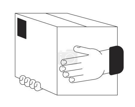 Illustration for Hand holding paper box bw concept vector spot illustration. Purchase delivery 2D cartoon flat line monochromatic hand for web UI design.editable isolated outline hero image - Royalty Free Image