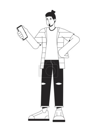 Ilustración de Hombre caucásico sosteniendo teléfono inteligente línea plana negro blanco vector carácter. Esquema editable persona de cuerpo completo. Millennial trabajando en el teléfono simple ilustración spot de dibujos animados aislados para el diseño gráfico web - Imagen libre de derechos