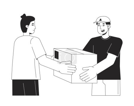 Illustration for Delivery man giving package to man flat line black white vector characters. Editable outline half body people. Express delivery simple cartoon isolated spot illustration for web graphic design - Royalty Free Image