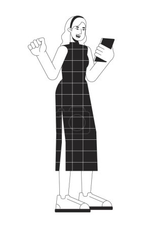 Heureuse femme caucasienne avec smartphone ligne plate noir blanc personnage vecteur. Plan modifiable personne de corps entier. Utilisation de gadget dessin animé simple illustration spot isolé pour la conception graphique web