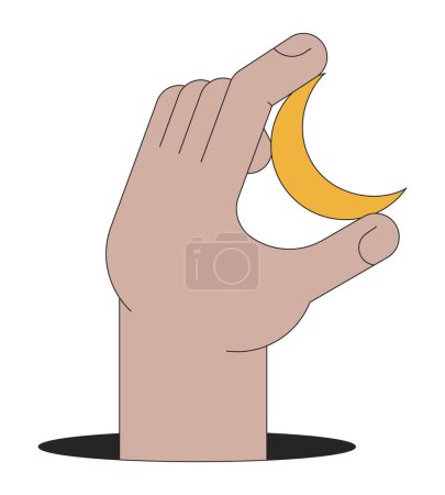 Illustration for Hand holding crescent moon flat line color isolated conceptual clipart. Esoteric magic astrology. Editable vector object on white background. Simple outline cartoon spot illustration for web design - Royalty Free Image
