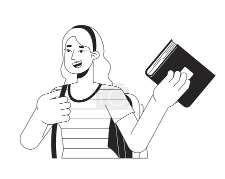 Illustration for Bookworm college girl holding novel book flat line black white vector character. Editable outline half body person. European female backpack simple cartoon isolated spot illustration for web design - Royalty Free Image
