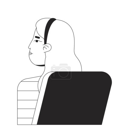 Ilustración de Caucásica joven estudiante sentada en silla detrás de la línea plana negro vector blanco carácter. Esquema editable persona de medio cuerpo. Aprender dibujos animados simples ilustración puntual aislada para el diseño web - Imagen libre de derechos