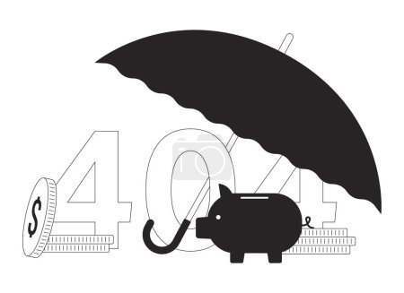 Illustration for Umbrella cover savings black white error 404 flash message. Protect finances from risks. Monochrome empty state ui design. Page not found popup cartoon image. Vector flat outline illustration concept - Royalty Free Image