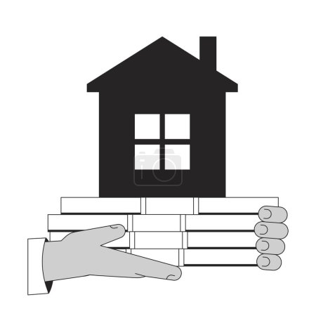 Illustration for Hands holding cash ond house flat monochrome isolated vector object. Mortgage on property. Editable black and white line art drawing. Simple outline spot illustration for web graphic design - Royalty Free Image