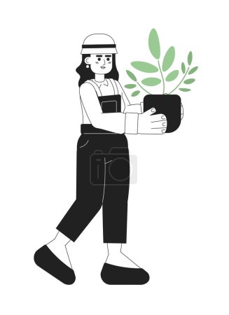 Illustration for Young gardener monochromatic flat vector character. Editable thin line full body woman holding houseplant in ceramic pot on white. Simple bw cartoon spot image for web graphic design - Royalty Free Image