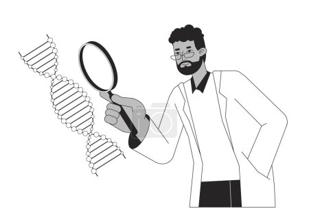 Illustration for Scientist study DNA helix bw concept vector spot illustration. Biotechnology and engineering 2D cartoon flat line monochromatic character for web UI design. Editable isolated outline hero image - Royalty Free Image