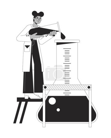 Illustration for Chemistry experiment bw concept vector spot illustration. Female scientist pour liquid into flask 2D cartoon flat line monochromatic character for web UI design. Editable isolated outline hero image - Royalty Free Image