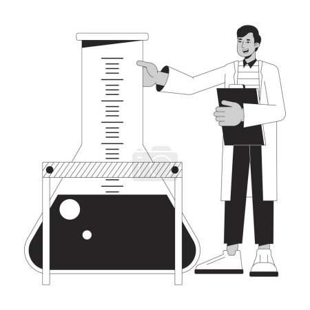 Illustration for Control of experiment bw concept vector spot illustration. Excited chemist holding big flask 2D cartoon flat line monochromatic character for web UI design. Editable isolated outline hero image - Royalty Free Image